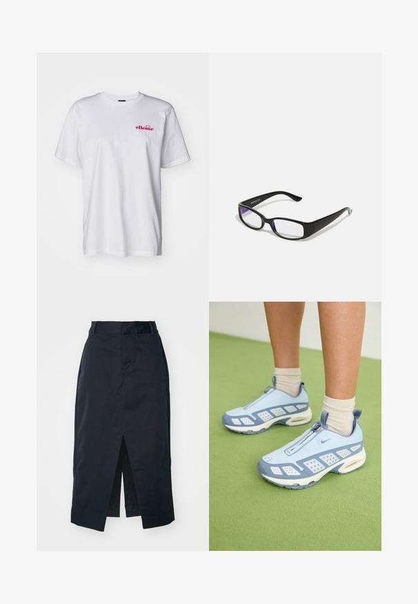 Hvit bomulls t-skjorte med korte ermer, rund hals og en rosa brodert logo på venstre bryst. Lett og glatt tekstur.; Mørk marine midi skjørt laget av bomullsblanding, med et frontslitt, skjult glidelås og sidelommer for funksjonalitet.; Lyseblå treningssko med hvite detaljer, strukturerte paneler og glidelås. Har en synlig luftputesåle og gummisåle.; Sorte rektangulære briller med klare linser. Glatt overflate, smale stenger og lilla nyanse synlig på kantene av linsene.