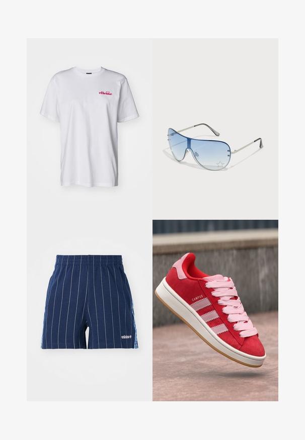 White cotton t-shirt with short sleeves, crew neck, and a pink embroidered logo on the left chest. Lightweight and smooth texture.; Navy blue shorts with white pinstripes, elastic waistband, and Adidas logo. Features blue accents on the sides, made of cotton blend material.; Red suede sneaker with pink accents, featuring three white stripes and light pink laces. White midsole and gum rubber outsole.; Aviator sunglasses featuring a gradient blue lens, silver metal frame, and decorative star accents on the lens. Smooth and sleek design.