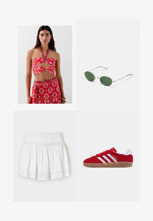 To-delt outfit bestående af en lyserød halterneck crop top med udskæring og blomsterdesign, kombineret med en matchende nederdel med geometrisk mønster.; Hvid tiered nederdel med elastisk talje, der har en tekstureret smocking-detalje og en dekorativ båndaccent. Lavet af bomuldsstof.; Rød ruskinds sneakers med hvidt tre-stribedesign og guld "Gazelle" tekst. Har en gummisål og en tekstureret hæl.; Guldindfattede solbriller med grønne ovale glas og fine metalarme. Har klare plastikhætter på armene for komfort.