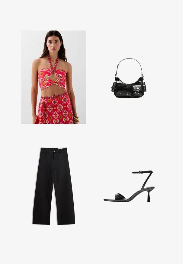 Un outfit formato din două piese, care constă într-un top scurt roz cu guler halter, având o decupare și un model floral, asortat cu o fustă cu un imprimeu geometric.; Pantaloni din denim negri cu picioare largi, cu talie înaltă, având buzunare frontale și posterioare, cusături dublate și închidere cu nasture. Textură netedă.; Bershka Sandale cu toc - black; Geantă de mână din piele lăcuită neagră, cu o formă curbată, un umăr, buzunare frontale și accente din metal argintiu.