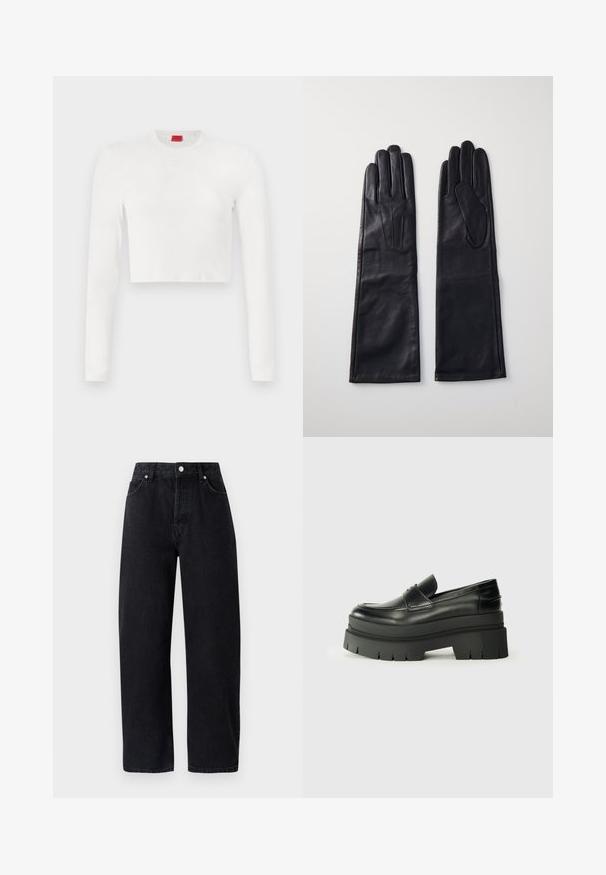 Hvit kortermet langermet topp laget av glatt stoff. Har rund hals og subtil logo detalj på brystet.; Høyt liv, rette ben svart denim jeans med fem lommer, metallnitter og ton-i-ton søm. Glatt tekstur, minimalistisk design.; Svarte skinnloafers med en kraftig plattformsåle. Rund tå, fremre sømdetalj og subtile sømdetaljer. Flat, teksturert yttersåle.; Anna Field LEATHER - Hansker - black