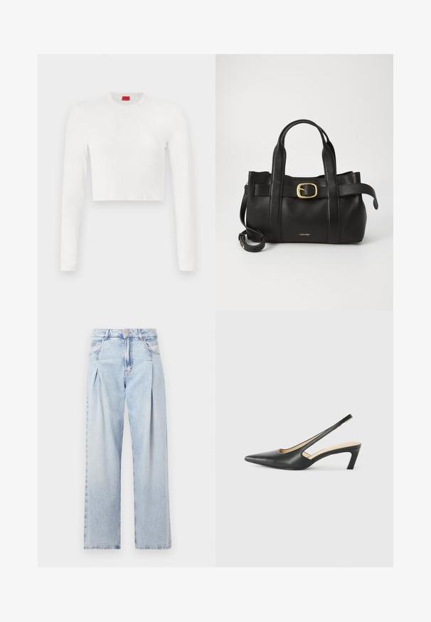 Top bianco a maniche lunghe e cropped realizzato in tessuto liscio. Presenta un collo rotondo e un dettaglio del logo discreto sul petto.; Jeans in denim azzurro chiaro con vita alta, taglio a gamba larga, due tasche laterali e design plissettato. Texture morbida con una finitura sbiadita.; Scarpa slingback nera con punta affilata e tacco basso, realizzata in pelle liscia e con un design a taglio laterale per favorire la traspirabilità.; Borsa a mano in pelle nera con un design strutturato, doppie maniglie superiori, accentuazione in metallo dorato e logo del marchio in rilievo sul davanti.
