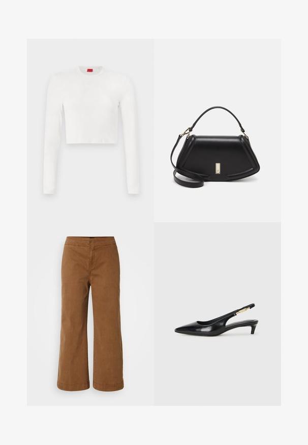 Top alb, scurt, cu mânecă lungă, realizat dintr-un material neted. Are un decolteu rotund și un detaliu discret cu logo pe piept.; Pantaloni largi maro, confecționați dintr-un material moale cu o textură netedă, având talie înaltă și cusături decorative.; Sandale slingback din piele neagră cu vârf ascuțit, având un toc subțire și un accent de culoare aurie pe curea ajustabilă. Textură netedă.; Geantă de umăr din piele neagră, cu un design structurat, având o formă tăiată, mânere superioare și accente din aur. Include o curea de umăr ajustabilă.