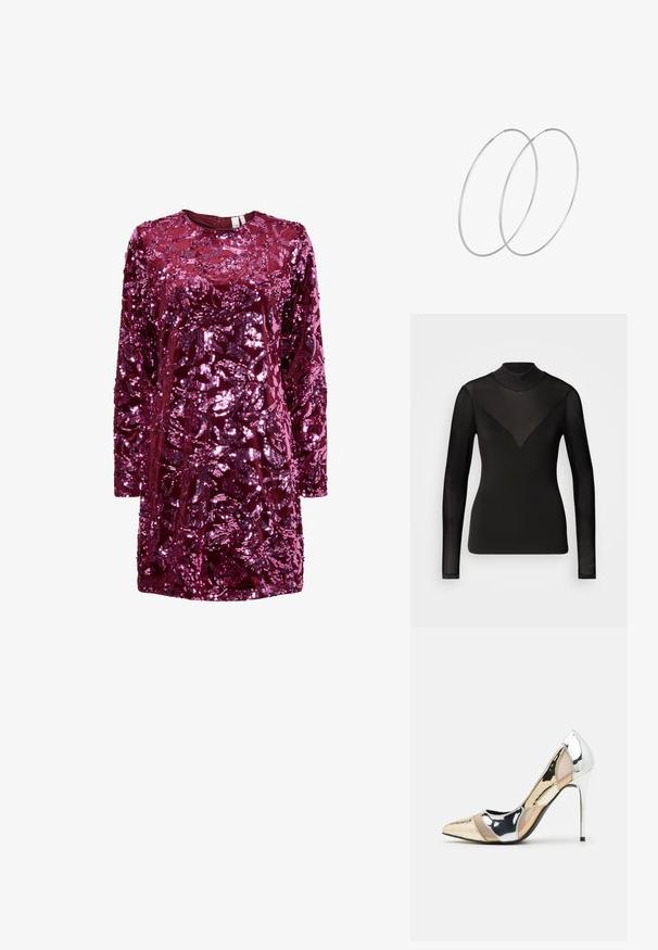 Čierny dlhý rukáv blúzka s priesvitnými panelmi, ktoré tvoria V tvar na dekolte. Hladká textúra, priliehavý strih, vysoký golier.; Bordová šatka s flitrami s dlhými rukávmi, okrúhlym výstrihom a textúrovaným kvetinovým vzorom. Tkanina je lesklá s nadýchanou textúrou.; Lodičky s špičatou špičkou v striebornom, zlatom a telovom farebnom prevedení. Lesklý povrch s výrezovým dizajnom, s ihlovým opätkom.; Strieborná metalická taška s mäkkým, zaobleným tvarom a uzáverom s uzlíkom. Vyrobená z hladkej syntetickej kože.; Strieborné kruhové náušnice s minimalistickým dizajnom. Cirkulárny tvar, hladký povrch a tenký profil. Ľahké s lesklým povrchom.