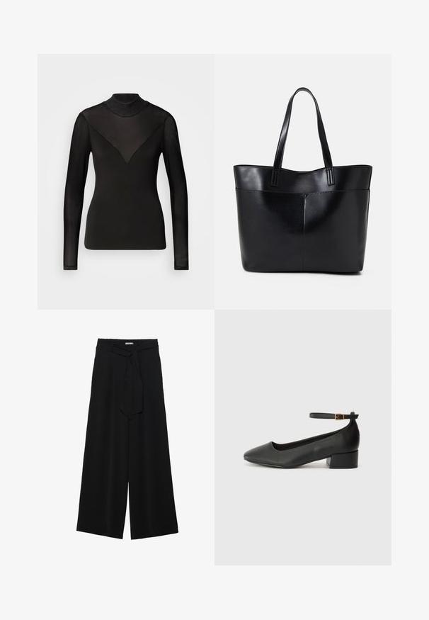 Black long-sleeve top with sheer paneling forming a V shape at the neckline. Smooth texture, fitted design, high neck.; Black wide-leg pants featuring a textured fabric, an elastic waistband, and a detachable sash tie at the waist for adjustable fit.; Black leather pump with a pointed toe and a low block heel. Features an ankle strap with a gold-tone buckle. Smooth texture.; Black leather tote bag with two long handles, a smooth texture, and a structured shape. Features a front pocket for additional storage.