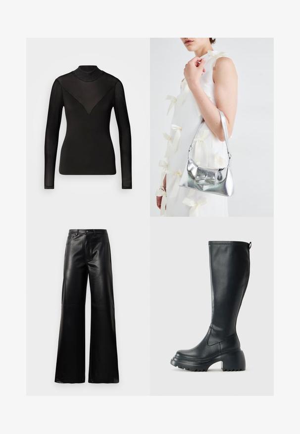 Sort langærmet top med gennemsigtige paneler, der danner en V-form ved halsen. Glat tekstur, tætsiddende design, høj hals.; Sorte high-waisted bukser i bred ben i imiteret læder med forreste knap, lynlås, bæltestropper og sidelommer på hvid baggrund.; Høj sort læderstøvle med kraftig platformssål og blokhæl, med trækstrop og tekstureret sål.; Sølvmetallic håndtaske med en struktureret form, der har et topgreb og en sløjfedetalje på forsiden. Glat tekstur, reflekterende finish.; Sølv hoop øreringe med et slankt, rundt design, der har en glat overflade og ingen synlige udsmykninger. Diameter ikke specificeret.