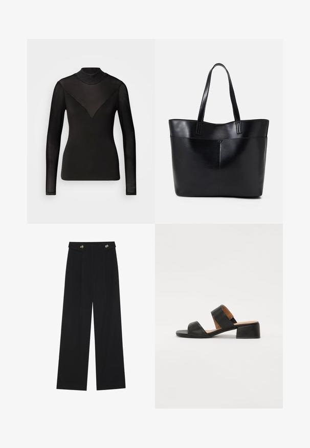 Black long-sleeve top with sheer paneling forming a V shape at the neckline. Smooth texture, fitted design, high neck.; Black wide-leg trousers with high waist, button details on waistband, and front pleats.; Black leather sandal with two wide straps across the foot, a square toe, and a low block heel. Smooth texture and minimal design.; Black leather tote bag with two long handles, a smooth texture, and a structured shape. Features a front pocket for additional storage.