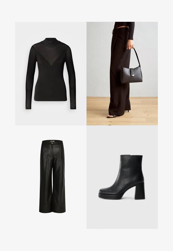 Sort langærmet top med gennemsigtige paneler, der danner en V-form ved halsen. Glat tekstur, tætsiddende design, høj hals.; Sorte brede bukser lavet af glat læder, med to forlommer og knaplukning i taljen. Enkel, elegant design.; Sort læder ankelstøvle med blokhæl og platformssål, set fra siden på en ensfarvet hvid baggrund.; Sort håndtaske med struktureret form, glat overflade og metalspænde. Sammen med brede sorte bukser og sandaler med åben tå på trægulv.