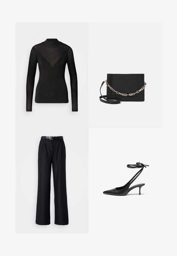 Čierny dlhý rukáv blúzka s priesvitnými panelmi, ktoré tvoria V tvar na dekolte. Hladká textúra, priliehavý strih, vysoký golier.; Čierne široké nohavice vyrobené z hladkej látky, s prednými záhybmi a zodpovedajúcim čiernym opaskom so striebornou prackou.; Čierne kožené stiletto topánky s špicatou špičkou, otvorenou zadnou časťou a remienkami na členku viazanými do mašle. Úzky 3-palcový opätok. Hladká textura, minimalistický dizajn.; Čierna kožená crossbody taška s hladkou textúrou, obdĺžnikovým tvarom a kovovým reťazovým detailom na prednej strane. Súčasťou je nastaviteľný popruh.; Strieborný prsteň s dvojitým pásikom s hladkým, lesklým povrchom. Má plynulý, zakrivený dizajn s prekryvajúcimi sa časťami pre moderný vzhľad.