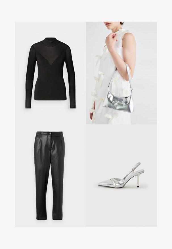 Sort langærmet top med gennemsigtige paneler, der danner en V-form ved halsen. Glat tekstur, tætsiddende design, høj hals.; Sorte læderbukser med en glat tekstur, lige pasform, elastisk talje og en lynlåslukning foran; plisserede detaljer og tætsiddende ben.; Sølv slingback højhælet sko med spids tå, metallisk finish, to dekorative stropper og en slank hæl med sort spids.; Sølvmetallic håndtaske med en struktureret form, der har et topgreb og en sløjfedetalje på forsiden. Glat tekstur, reflekterende finish.