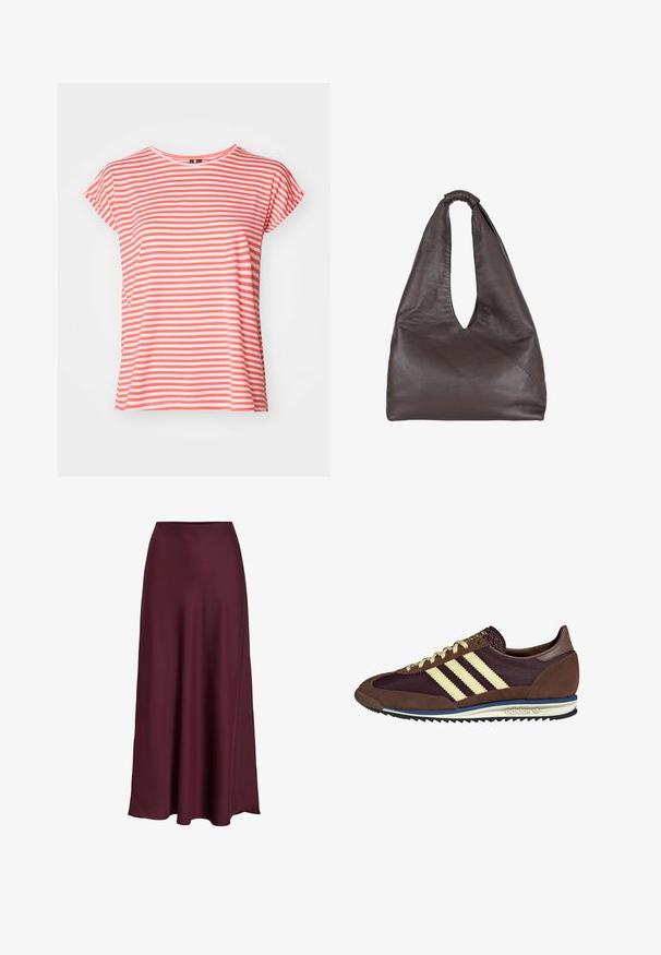 Stripet t-skjorte i korall og hvit, korte ermer, myk stoff, rund hals, avslappet passform, med horisontale striper jevnt fordelt.; Burgunderfarget sateng maxi-skjørt med en glatt tekstur, høy midje og en flytende silhuett som svinger forsiktig utover mot kanten.; Brune og burgunder sneakers i semsket og mesh-materiale, med tre kremfargede striper, teksturert stoff på tungen, og en gummisåle.; Brun lærveske med en avslappet, overdimensjonert design. Har en løkkehåndtak og en dyp V-formet åpning for enkel tilgang. Myk tekstur, minimalistisk stil.