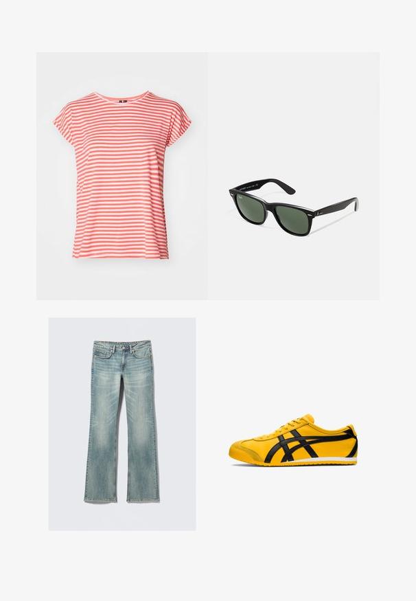 Gestreiftes T-Shirt in Koralle und Weiß, kurze Ärmel, weicher Stoff, runder Ausschnitt, lässige Passform, mit gleichmäßig verteilten horizontalen Streifen.; Hellblaue Jeans aus Denim mit leichter Verblassung, fünf Taschen, Knopfverschluss und geraden Beinen auf einem weißen Hintergrund.; Gelbe Sportschuh mit schwarzen Akzenten, glatte Ledertextur, geschwungenes Design, runde Zehenpartie, flache weiße Sohle und auffällige Markenlogos an der Seite.; Schwarze Plastiksonnenbrille mit grünen Gläsern, quadratischen Rahmen, silbernem Akzent auf der Augenbraue und strukturierten Bügeln. Angegebene Marke auf dem inneren Bügel.; Schwarze gewebte Lederhandtasche mit lässigem Design, ausgestattet mit einem geknoteten Trageriemen und einem kleinen dekorativen goldenen Nagel am oberen Rand.