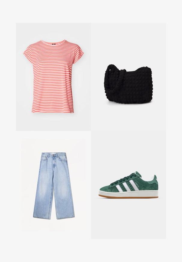 Gestreiftes T-Shirt in Koralle und Weiß, kurze Ärmel, weicher Stoff, runder Ausschnitt, lässige Passform, mit gleichmäßig verteilten horizontalen Streifen.; Bershka WIDE-LEG - Wide Leg - light-blue denim; Grüne Wildleder-Sneaker mit weißen Lederstreifen, Gummisohle, gepolsterter Kragen und minimalistischem Design. Mit Branding an der Seite.; Schwarze Stofftasche mit einer strukturierten, gesteppten Oberfläche. Abgerundete Form, kurze, dicke Griffe und eine weiche, flexible Struktur.