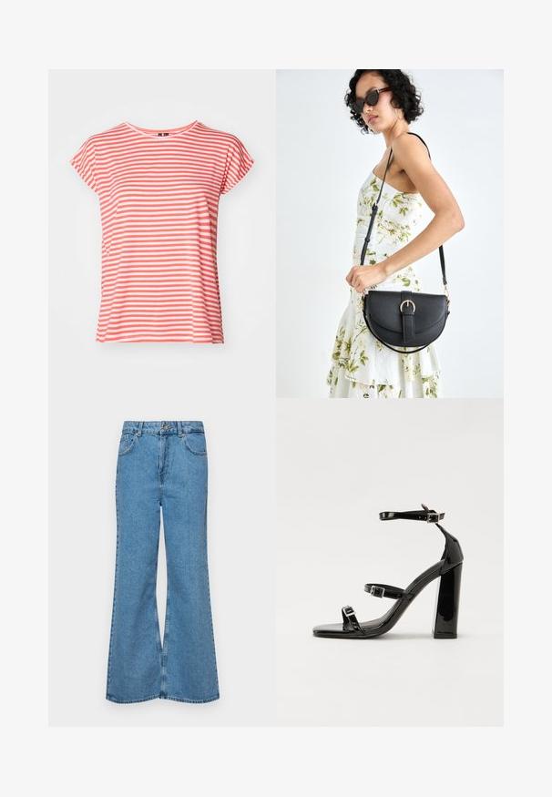 Tricou striped în corai și alb, cu mâneci scurte, din material moale, guler rotund, croială lejeră, având dungi orizontale distanțate uniform.; Jeanși evazați de culoare albastru deschis, din denim, cu talie înaltă, cinci buzunare și închidere cu un singur buton. Textură moale cu un finisaj decolorat.; Sandale cu toc din patent negru, cu vârf pătrat, curele la gleznă și catarame din argint. Dispune de un toc gros pentru stabilitate.; Geantă din piele neagră, cu o formă curbată, curea detașabilă și accesorii aurii. Geanta are un capac cu un detaliu tip cataramă.