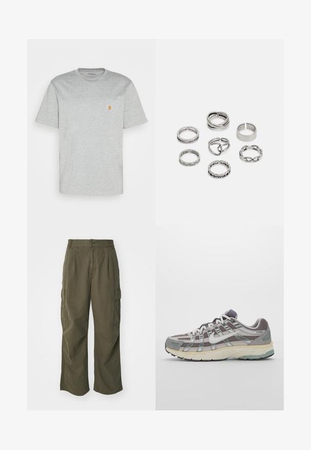 Szürke pamut póló rövid ujjakkal és kerek nyakkivágással. Bal oldalon egy zsebével és egy kis narancssárga márkás logóval rendelkezik a zseben.; Olívazöld cargo nadrág, pamutból készült, széles lábú kialakítással, plisszírozással és oldalsó zsebekkel a funkcionalitás érdekében.; Szürke sportcipő, hálós és velúr felsőrésszel, fehér részletekkel, párnázott talppal és jellegzetes dizájnnal, amely visszaverő elemeket tartalmaz.; Hét ezüst gyűrűből álló szett, különböző formákkal és szélességekkel, köztük csavart, összekapcsolt és gravírozott mintákkal.
