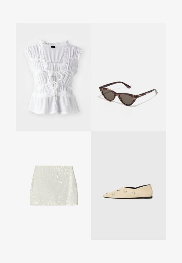 Valkoinen paita, jossa on röyhelöillä koristellut lyhyet hihat, teksturoitu kangas, syvä V-kaula-aukko nauhalla edessä ja kerroksellinen röyhelökoristus helmassa.; Bershka A-linjainen hame - white; CLOSED Ballerinat - ecru; Kissankuvioiset aurinkolasit tummilla linsseillä ja kilpikonnakuosisella rungolla. Kevyet muovimateriaalit, jotka sisältävät kapeat templet ja logotiedot.; Ruskea mokkakangasta valmistettu olkalaukku, jossa on kolmion muotoinen muotoilu, pitkät olkahihnat ja suuri avoin yläpinta, jossa on leikattu kantokahva.