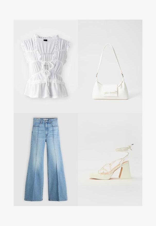 Blusa branca com mangas curtas com volantes, tecido texturizado, um decote V profundo com laço à frente e detalhes de franja em camadas na bainha.; Jeans de cintura alta em azul claro, com pernas largas, bolsos dianteiros e traseiros, passantes para cinto e detalhes de costura vertical na parte da frente.; Sandálias brancas de salto alto com um salto robusto, apresentando um design com tiras e amarração no tornozelo. Textura suave com uma plataforma na frente para altura adicional.; Mala sintética branca com formato triangular, aba frontal plana e detalhe de laço, alça ajustável, textura suave e design minimalista.