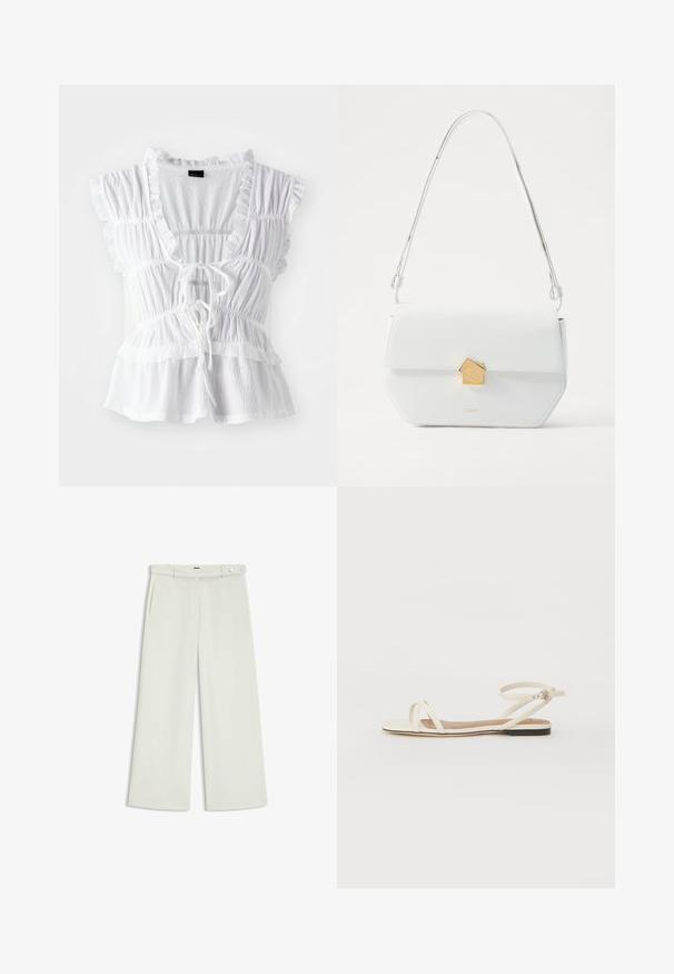 White blouse featuring ruffled short sleeves, textured fabric, a deep V-neck with a tie front, and tiered frill detailing at the hem.; Wide-leg pants in light cream fabric, featuring side pockets, a flat front, and a single button closure at the waist. Smooth texture.; Flat sandals in cream leather with thin cross straps, ankle strap with buckle, minimalistic design, and a contrasting black sole.; White leather shoulder bag with a geometric gold clasp, flat design, and an elongated strap. Features clean lines and polished texture.