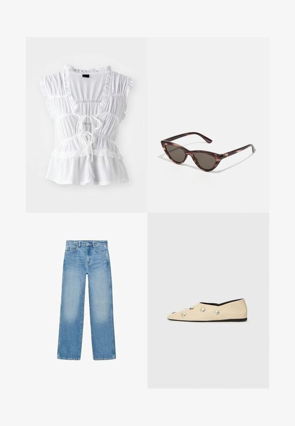 Bílá blůza s krátkými volánkovými rukávy, strukturovanou látkou, hlubokým výstřihem do V se zavazováním vpředu a stupňovými volánky na spodním okraji.; Světlomodré džíny z denimu se střihovým střihem, pěti kapsami a jemným vyblednutím. Obsahují zapínání na knoflík a zip v pase.; CLOSED Klasické baleríny - ecru; Sluneční brýle ve tvaru kočičích očí s tmavými skly a želvovinovým vzorem. Vyrobené z lehkého plastu, s štíhlými nožičkami a detaily loga.; Tkaná kabelka v olivové zelené barvě s prostorným, kulatým tvarem a jedním dlouhým uchem pro nošení. Texturovaný povrch.