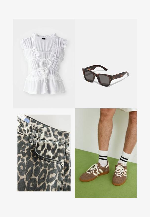 Biała bluzka z falbaniastymi krótkimi rękawami, teksturowanym materiałem, głębokim dekoltem w kształcie litery V z wiązaniem z przodu oraz warstwowymi falbanami na dole.; Szorty dżinsowe w wzór panterki z wyraźnie zaznaczoną talią, przednią kieszenią, w kolorystyce czarno-beżowej, wykończone srebrnymi guzikami.; Brązowe zamszowe sneakersy z białymi akcentami i sznurówkami. Gumowa, brązowa podeszwa. Noszone z białymi skarpetkami w czarne paski. Zielona teksturowana podłoga.; Słoneczne okulary w kolorze tortoishell z ciemnymi soczewkami, kwadratową oprawą i srebrnymi akcentami na przodzie. Wykonane z plastiku, lekkie i trwałe.; Brązowa torebka skórzana pleciona o luźnym, trójkątnym kształcie. Posiada pleciony uchwyt i zamek błyskawiczny na górze.