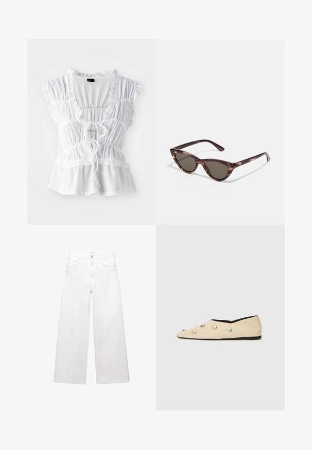 Biela blúzka s volánovými krátkymi rukávmi, textúrovanou tkaninou, hlbokým V-výstrihom so zaväzovaním vpredu a vrstvenými volánmi na spodnom leme.; Biele široké džínsy vyrobené z bavlny, s vysokým pásom, piatimi vreckami a mosadznými doplnkami. Hladká, nedotknutá textúra.; CLOSED Balerínky - ecru; Slnečné okuliare v tvare mačacích očí s tmavými sklami a kostnatým vzorom. Vyrobené z ľahkého plastu, so štíhlymi stranami a detailom loga.