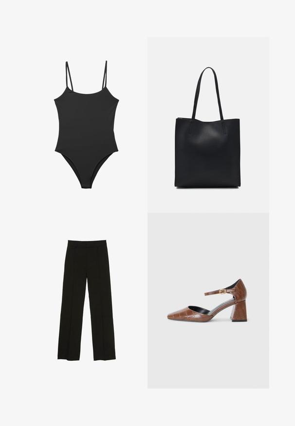 Fekete egyrészes fürdőruha vékony, állítható pántokkal, sima textúrával és magas kivágású lábrésszel. Minimalista stílus, díszítések nélkül.; Fekete, bő szárú nadrág sima anyagból, melynek kényelmes derékrésze és diszkrét elülső redők adnak extra textúrát.; Barna lakkbőr félcipő négyzetes orral, texturált krokodilmintával, boka pánttal arany csattal és vaskos sarkával.; Fekete bőrtáska sima felszínnel, téglalap alakú, két hosszú füllel. Nincs látható fémkiegészítő vagy díszítés.