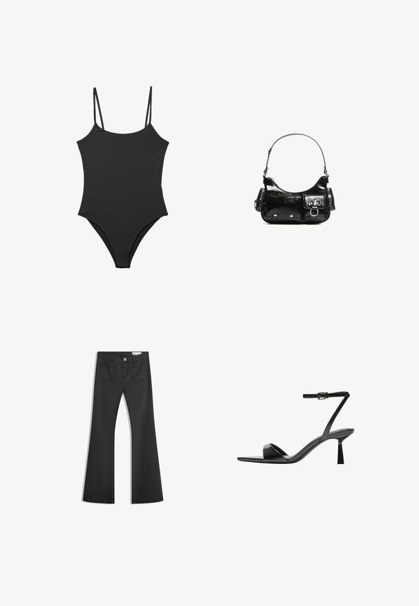 Costum de baie negru dintr-o singură piesă, cu bretele subțiri, ajustabile, finisaj textil neted și un design cu picioare înalte. Stil minimalist, fără embellishments.; Blugi negri evazați din denim cu o textură netedă, având două buzunare la spate și închidere cu buton la talie.; Bershka Sandale cu toc - black; Geantă de mână din piele lăcuită neagră, cu o formă curbată, un umăr, buzunare frontale și accente din metal argintiu.