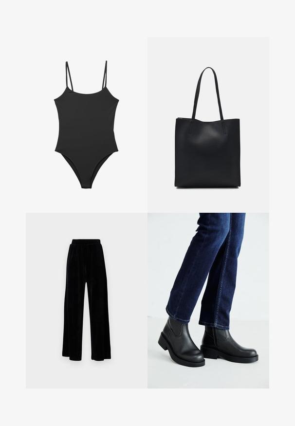 Črn enodelni kopalni kostim z tankimi nastavljivimi naramnicami, gladko tekstilno obdelavo in visokim izrezom na nogah. Minimalističen stil brez okrasnih dodatkov.; Črne široke hlače iz mehkega žameta, z elastičnim pasom in gladko teksturo, brez vidnih detajlov ali vzorcev.; Črne usnjene gležnjarje z debelim podplatom in stranskimi elastičnimi paneli, v kombinaciji s temno modrimi kavbojkami. Tla so svetle barve.; Črna usnjena torba s svilnato teksturo, pravokotne oblike in dvema dolgima ročajema. Brez vidnih metalnih delov ali okrasnih elementov.