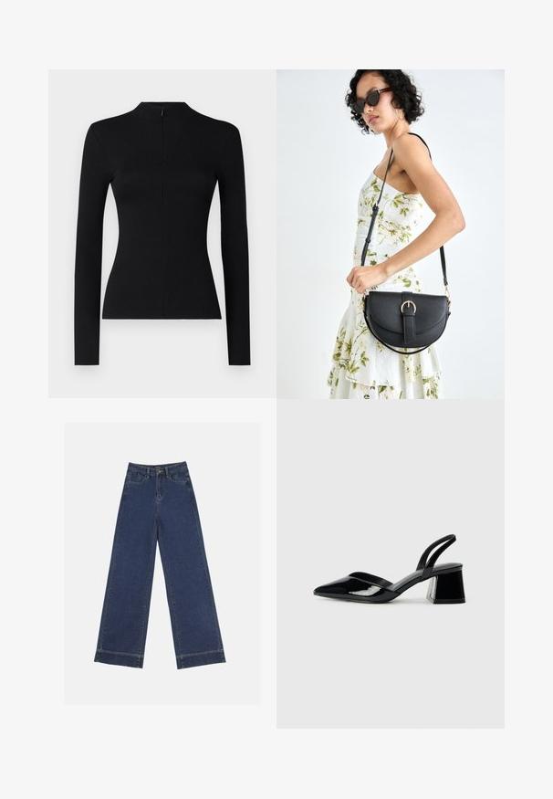 Black long-sleeve ribbed top with a high neck and a back zipper detail, featuring a fitted silhouette and soft texture.; Wide-leg jeans in dark blue denim. Features five pockets, belt loops, and a raw hem at the bottom with visible stitching details.; Black patent leather slingback heels with a pointed toe and a geometric block heel. Features a sleek, minimal design and smooth texture.; Black leather handbag with a curved shape, detachable strap, and gold hardware. The bag features a flap with a buckle detail.