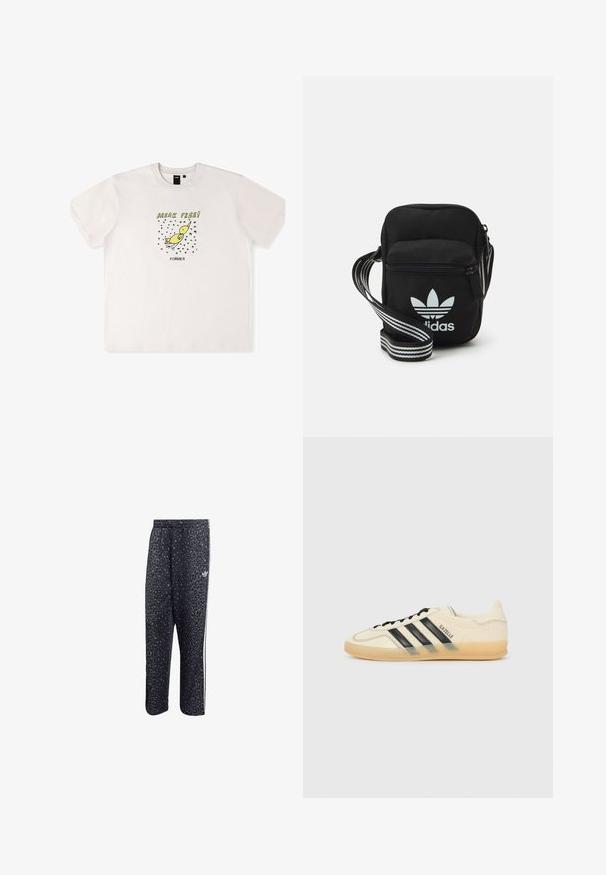 Tricou alb din bumbac cu un grafic al unei păsări galbene și textul "BREAK FREE!" în negru. Mâneci scurte și croială lejeră.; Pantaloni de sport negri cu un model din leopard, având un design cu trei dungi albe și un logo al brandului sportiv pe lateral.; Tenis cu crem deschis, cu design cu trei dungi negre, parte superioară texturată, vârf rotund și talpă din cauciuc. Include șireturi și branding pe lateral.; Geantă de umăr din material textil negru, cu închidere cu fermoar, având un logo Adidas alb și o curea ajustabilă cu dungi pentru o transportare ușoară.