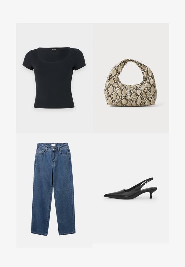 Černé krátké tričko s úzkým střihem a čtveratým výstřihem. Vyrobeno z hladké bavlněné látky. Jednoduchý design, bez viditelných vzorů nebo akcentů.; Klasické modré džíny z denimu se střihy rovné nohy, pěti kapsami a zapínáním na knoflík. Mají střední odstín a odolnou texturu.; Černá kožená nazouvací bota se špičatou špičkou a štíhlým zakřiveným podpatkem. Obsahuje diskrétní nastavitelný pásek s kovovou sponou.; Kabelka s hadím vzorem a zakřiveným držadlem. Vyrobena z texturovaných béžových a hnědých materiálů, s charakteristickým diamantovým vzorem.