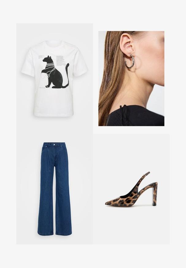 Hvit bomull t-skjorte med et svart kattemotiv prydet med perleperler, ledsaget av tekst på venstre side.; Bredde ben jeans i blå denim med høy midje, frontlås med knapp og glidelås, samt front- og baklommer mot en ensfarget bakgrunn.; Leopardmønstret slingback pumpsko med spidse tæer og gennemsigtig blokhæl. Lavet af glossy materiale med en glat tekstur.; Sølv ringøredob med en polert finish, med små gull detaljer og en rund form, båret på øreflippen.