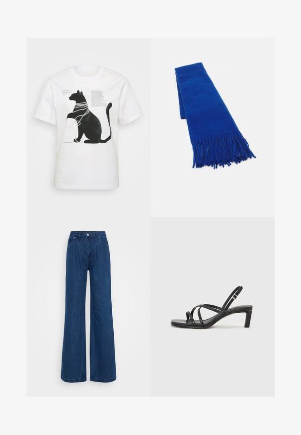Biely bavlnený tričko s grafickým zobrazením čiernej mačky zdobené perlovými korálikmi, doplnené textom na ľavej strane.; Široké modré denimové džínsy s vysokým pásom, predným zapínaním na gombík a zips a prednými a zadnými vreckami na jednofarebnom pozadí.; Čierne sandále na vysokom podpätku so štvorcovou špičkou a nízkym blokovým podpätkom. Obsahujú viacero tenkých popruhov a nastaviteľný členkový popruh. Vyrobené z hladkej kože.; Modrá tkaná šatka s strapcami na koncoch, hladká textúra, obdĺžnikový tvar a jednotná farba po celom povrchu. Vhodná do chladného počasia.; Strieborný prsteň s dvojitým pásikom s hladkým, lesklým povrchom. Má plynulý, zakrivený dizajn s prekryvajúcimi sa časťami pre moderný vzhľad.