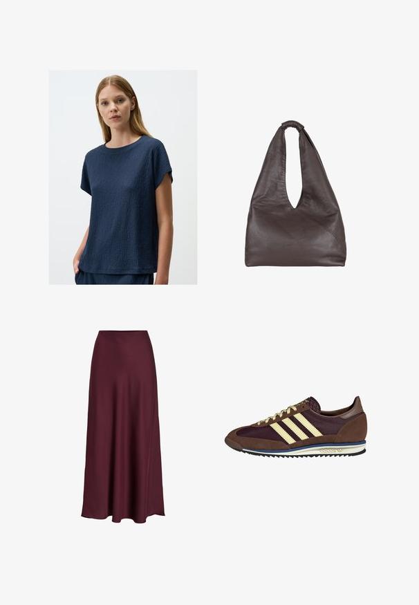 Top corto a maniche corte di colore blu navy con scollo rotondo, caratterizzato da una vestibilità leggermente ampia e un delicato motivo in rilievo su tutta la stoffa.; Gonna maxi in satin bordeaux con una texture liscia, vita alta e una silhouette fluida che si allarga delicatamente verso l'orlo.; Sneaker marrone e bordeaux realizzato in materiali scamosciati e in rete, caratterizzato da tre strisce color crema, tessuto testurizzato sulla linguetta e suola in gomma.; Borsa in pelle marrone con un design morbido e oversize. Presenta un manico ad anello e un'apertura a V profonda per un accesso facile. Texture morbida, stile minimalista.