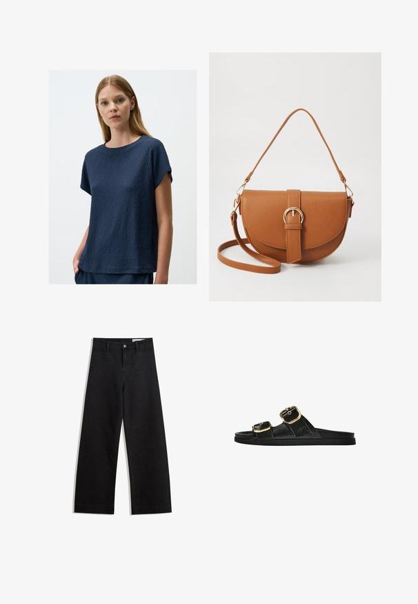 Donkerblauw gestructureerd T-shirt met korte mouwen en een ronde halslijn, met een iets losser model en subtiel verhoogd patroon door de stof.; Zwarte denim broek met wijde pijpen en een hoge taille, voorzien van voor- en achterzakken, gestikte naden en een knoopsluiting. Gladde textuur.; Zwarte slipper met twee gouden gesps, gladde textuur, platte zool en een minimalistisch ontwerp.; Bruine leren schoudertas met een gebogen vorm, gouden hardware en een gespaccent. Bevat een afneembare schouderriem.