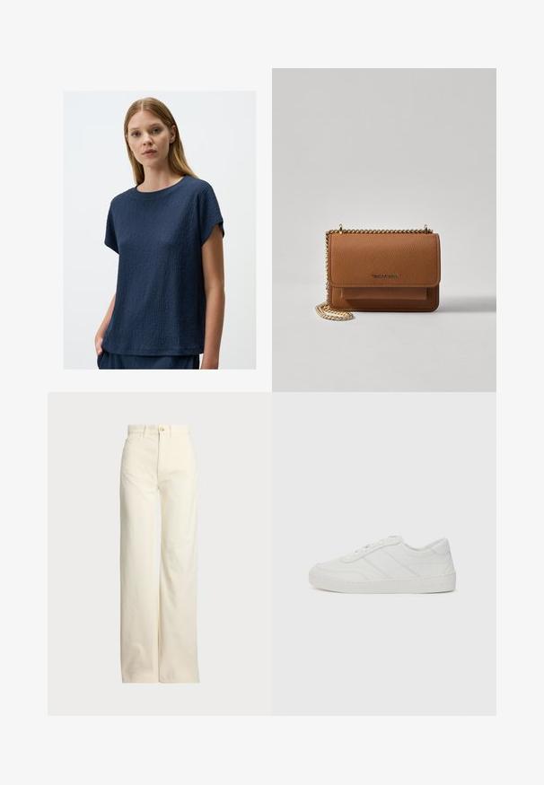 Navy blue textured short-sleeve top with a round neckline, featuring a slightly loose fit and subtle raised pattern throughout the fabric.; Polo Ralph Lauren COTTON CORDUROY WIDE-LEG PANT - Trousers - warm white; White leather sneaker with flat laces, rounded toe, and subtle stitching details. Features a textured sole and embossed brand logo on heel.; Brown textured leather crossbody bag with gold chain strap and flap closure. Front features logo detail and a pocket under the flap.