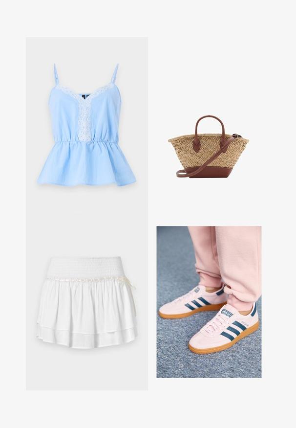 Haut sans manches bleu clair avec un décolleté en V, présentant des détails brodés blancs sur le devant et une taille élastique pour une silhouette évasée.; Jupe blanche à volants avec une taille élastique, présentant un détail de smockage texturé et une accentuation en ruban décoratif. Tissu en coton.; Baskets en suède rose clair avec des rayures en cuir bleu foncé et une semelle en gomme. Les caractéristiques incluent des lacets plats et un logo sur le côté et la languette.; Sac en osier tissé avec des accents en cuir marron, deux poignées et une bandoulière détachable. Forme courbée avec une base robuste.