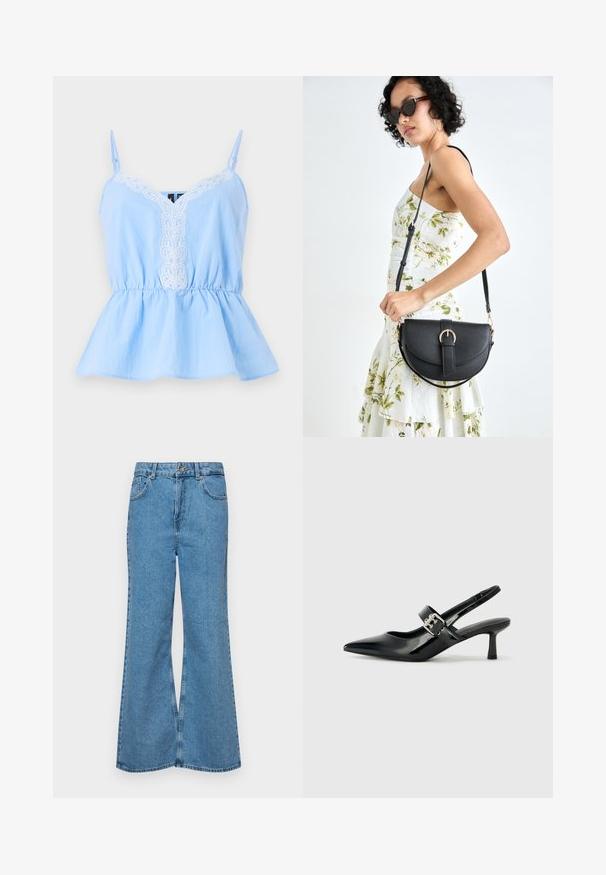 Lichtblauwe mouwloze top met een V-hals, voorzien van witte geborduurde details aan de voorkant en een elastische taille voor een uitlopende silhouet.; Lichtblauwe flared jeans van denim, met een hoge taille, vijf zakken en een enkele knoopsluiting. Zachte textuur met een vervaagde afwerking.; Zwarte gepatineerde leren slingback hakken met een puntige neus en een kleine blokhak, met een zilveren gespaccent op de band.; Zwarte leren handtas met een gebogen vorm, afneembare schouderband en gouden hardware. De tas heeft een klep met een gespsluiting.