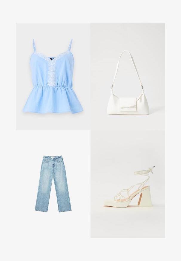 Lys blå ærmeløs top med V-udskæring, der har hvid broderet detaljering foran og en elastisk talje for en udvidet silhuet.; Lyseblå denim bukser med bred benvidde og høj talje, præget af en falmet vask og små, spredte slidte detaljer overalt.; Hvide højhælede sandaler med en kraftig hæl, der har et stropdesign og ankelbinding. Glat tekstur med en platform foran for ekstra højde.; Hvid syntetisk håndtaske med en trekantet form, flad forsideklap og sløjfedetalje, justerbar strop, glat tekstur og minimalistisk design.