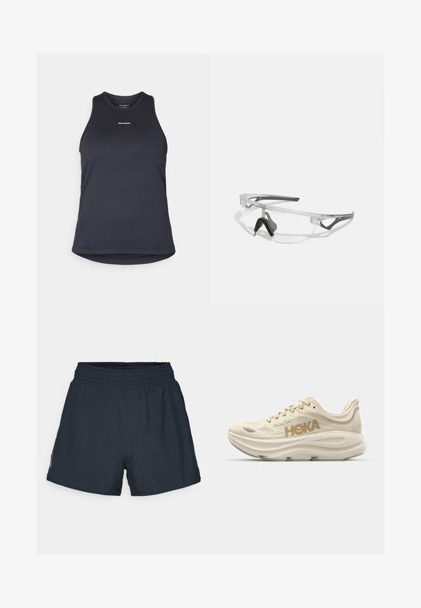 Mørkegrå atletisk tanktop laget av teksturert stoff; har en rund hals og merket "SALOMON" trykt i hvitt på fronten.; Mørk marineblå treningsshorts laget av lett stoff. Elastisk midjebånd, løs passform, og ingen synlige lommer eller mønstre.; Lysbeige løpesko med mesh-overdel, polstret krage, fremtredende "HOKA"-logo i gull, og tykk, polstret såle for komfort.; Klare sikkerhetsbriller med en lett, gjennomsiktig ramme og grå detaljer. Har en innpakket design og justerbar nesestykke.