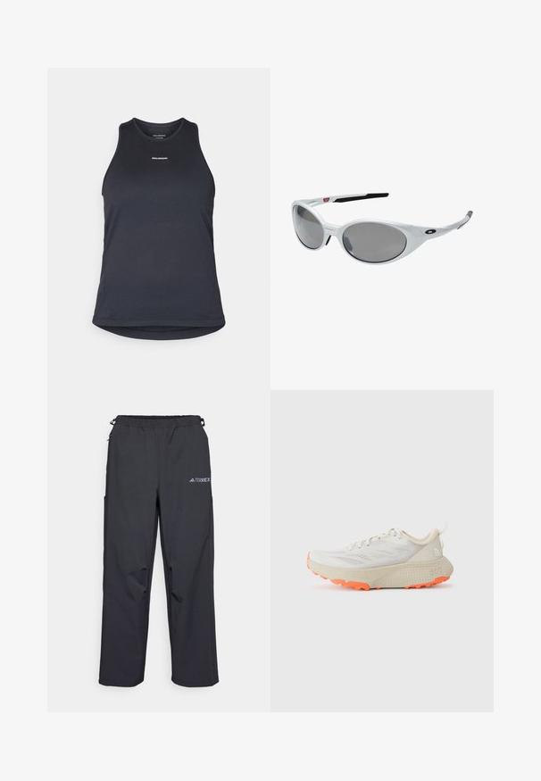 Mørkegrå atletisk tanktop lavet af tekstureret stof; har en rund hals og mærket "SALOMON" trykt i hvidt på forsiden.; Sorte, lette udendørsbukser med elastisk talje, sidelommer og et logo på øverste højre lår. Glat, vandafvisende stof.; Lys grå sportsko med åndbart mesh-overdel, tekstureret creme midtsål og skarlagensrød gummisål. Har snørebåndsdesign og hælflap.; Hvide plast solbriller med store ovale linser, gråtonede. Har sorte øre greb og et lille logo på rammen. Glat overflade.; Sort rygsæk med et strømlinet design, tekstureret stof, justerbare stropper og et fremtrædende sølvfarvet "SALOMON" logo på fronten.