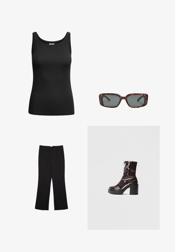 Schwarzes, geripptes Tanktop mit Rundhalsausschnitt und genähten Kanten, aus elastischem Stoff für eine figurbetonte Silhouette.; Schwarze Hose mit geradem Schnitt, ausgestattet mit Fronttaschen und Seitenschlitzen am Saum. Hergestellt aus weichem, glattem Stoff. Geeignet für verschiedene Anlässe.; Glatte bordeauxrote Ankle Boots mit einem klobigen schwarzen Absatz, die eine glatte Oberfläche und ein einfaches Design aufweisen. Keine sichtbaren Verschlüsse oder Muster.; Sonnenbrille im Schildpatt-Design mit rechteckigen Gläsern, dicken Rahmen und dunkelgetönten Gläsern. Glatte Textur und minimalistisches Design.