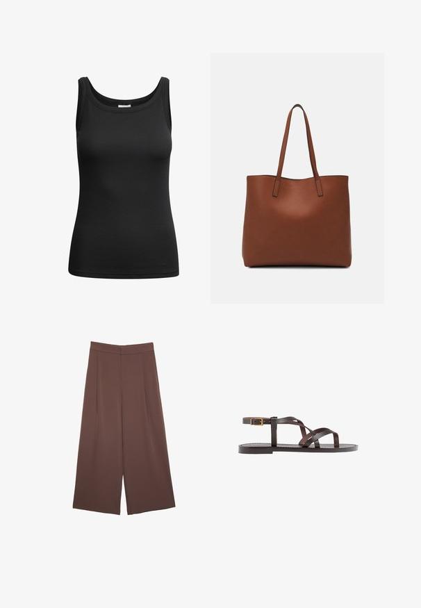 Top senza maniche nero a costine con scollatura a giro e bordi cuciti, realizzato in tessuto elastico per una silhouette aderente.; Pantaloni ampi marroni con una texture liscia, caratterizzati da una vita alta e pieghe frontali. Il tessuto è leggero e scorre liberamente.; Sandal in pelle marrone con cinturini incrociati, chiusura con cinturino alla caviglia e suola piatta con dettagli di cucitura minimi.; Borsa tote in pelle marrone con texture liscia, design con apertura superiore e due spallacci. Presenta cuciture minime e nessun hardware visibile.