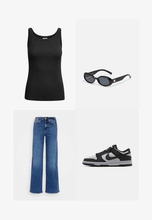 Svart ribbet tank top med en avrundet halsringning og sømmer, laget av elastisk stoff for en tettsittende silhuett.; Mellom blå høyde jeans i denim med vide ben, knappe- og glidelås-lukking, samt front- og baklommer, på lys grå bakgrunn.; Sorte og grå Nike Dunk low-top sneakers med perforert tå, glatte lærdetaljer og gummihæl med strukturert sålemønster.; Sorte ovale solbriller med mørke linser, blank plastisk ramme, brede stenger og et lite gullakcent på den ene siden.