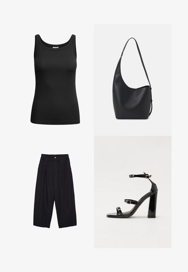 Black ribbed tank top with a scooped neckline and stitched edges, made from elastic fabric for a fitted silhouette.; Black polyester culotte pants with an elastic waistband, two front pleats, and a loose silhouette. No visible patterns or hardware details.; Black patent heeled sandals with a square toe, ankle straps, and silver buckles. Features a chunky block heel for stability.; Black leather hobo bag with a smooth texture, curved shape, and single adjustable strap; features a wide opening at the top.