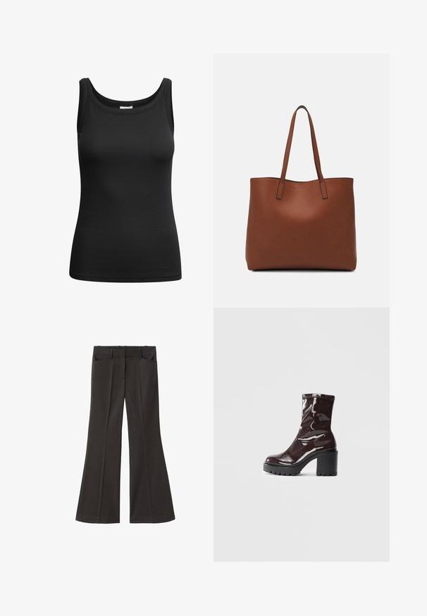 Black ribbed tank top with a scooped neckline and stitched edges, made from elastic fabric for a fitted silhouette.; Black flared trousers with a high waist; features two front pockets and a smooth fabric texture. Suitable for various occasions.; Glossy burgundy ankle boot with a chunky black heel, featuring a smooth texture and simple design. No visible fastenings or patterns.; Brown leather tote bag with a smooth texture, open top design, and two shoulder straps. Features minimal stitching and no visible hardware.