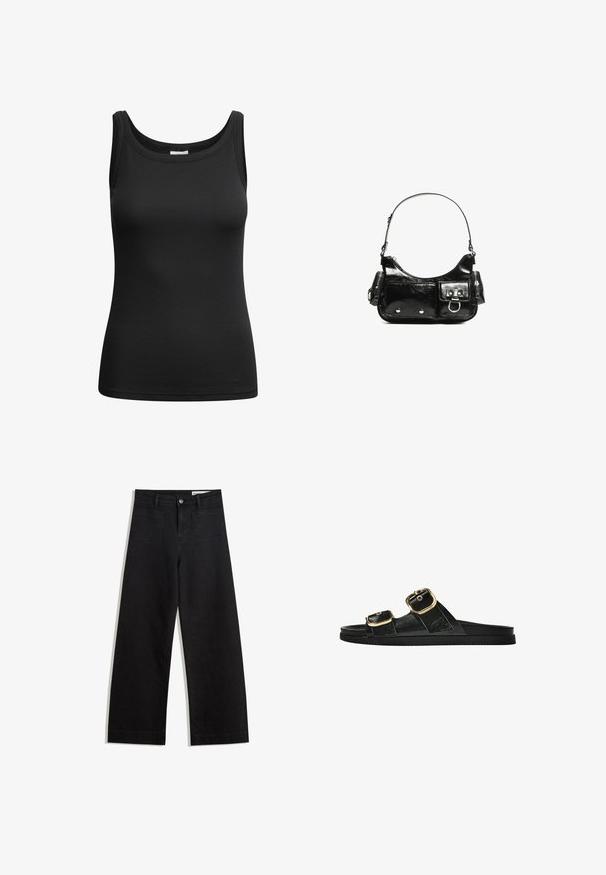 Čierny rebrovaný top bez rukávov s výstrihom do lode a prešitými okrajmi, vyrobený z elastickej tkaniny pre priliehavý strih.; Čierne denimové nohavice s širokými nohavicami a vysokým pásom, so prednými a zadnými vreckami, šitými švami a zapínaním na gombík. Hladká textúra.; Čierne šľapky s dvoma zlatými prackami, hladký textúrovaný materiál, plochá podrážka a minimalistický dizajn.; Čierna laková kožená kabelka s ohnutým tvarom, jedným ramenným popruhom, prednými vreckami a striebornými kovovými doplnkami.