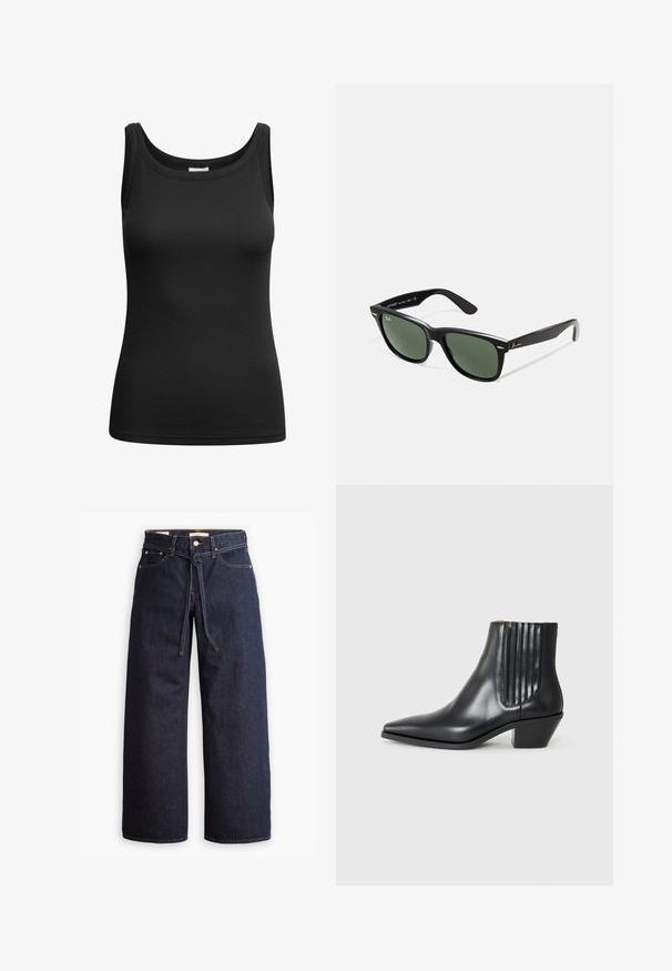 Mustat ribbikankaiset hihattomat paidat, joissa on muotoon leikattu kaula-aukko ja ommellut reunat, valmistettu joustavasta kankaasta vartalonmyötäistä siluettia varten.; Korkeavyötäröiset tummansiniset leveälahkeiset farkut, joissa on narunauhakuja, viisi taskua ja kontrastiväriset ompeluseikat.; Musta nahkainen nilkk boot, jossa on terävä kärki, elastiset sivupaneelit pystyröytiä ja matala lohkarepohja. Sileä pinta ja tyylikäs muotoilu.; Mustat muoviset aurinkolasit, joissa on vihreät linssit, neliönmuotoiset kehykset, hopeinen yksityiskohta kulmakarvojen kohdalla sekä tekstuuriset temppeleiden varret. Brändi ilmoitettu sisävarsissa.; Musta kudottu kassi, jossa on kaksi vankkaa kahvaa, näyttävästi kiiltävä rakenne ja tilava avoin yläosa.