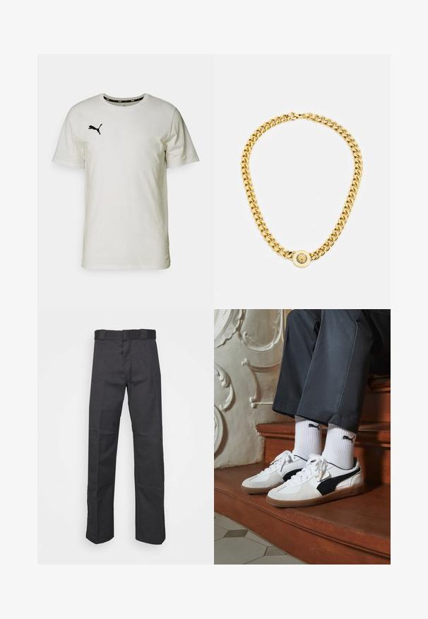 Bílý bavlněný tričko s kulatým výstřihem, které má malou černou šedou značku Puma na levé straně hrudi a černý akcent na vnitřním výstřihu.; Černé kalhoty vyrobené z odolné látky, s rovnými nohavicemi, pasem s poutky na opasek a švy pro větší texturu.; Puma tenisky v bílé a černé semišové úpravě, s hnědou gumovou podrážkou. Kombinované s bílými ponožkami, na kterých je černé logo, nošeny s tmavými kalhotami.; Zlatý řetězový náhrdelník s velkými propletenými články, zdobený kruhovým přívěskem se zvýšeným emblémem uprostřed.