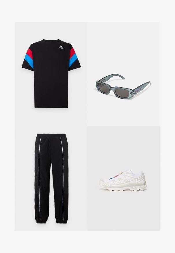 Svart t-skjorte med røde og blå striper på skuldrene. Logo i hvitt på øverste venstre side. Laget av bomull, kort erme.; Sorte joggebukser med hvite sidestropper, elastisk midjebånd og mansjetter. Laget av myk, teksturert stoff for komfort og fleksibilitet.; Hvite joggesko med teksturert mesh-overdel, reflekterende detaljer og dempet såle. Merkbar merkevarelogo på siden.; Santa Cruz INFERNO UNISEX - Solbriller - crystal black